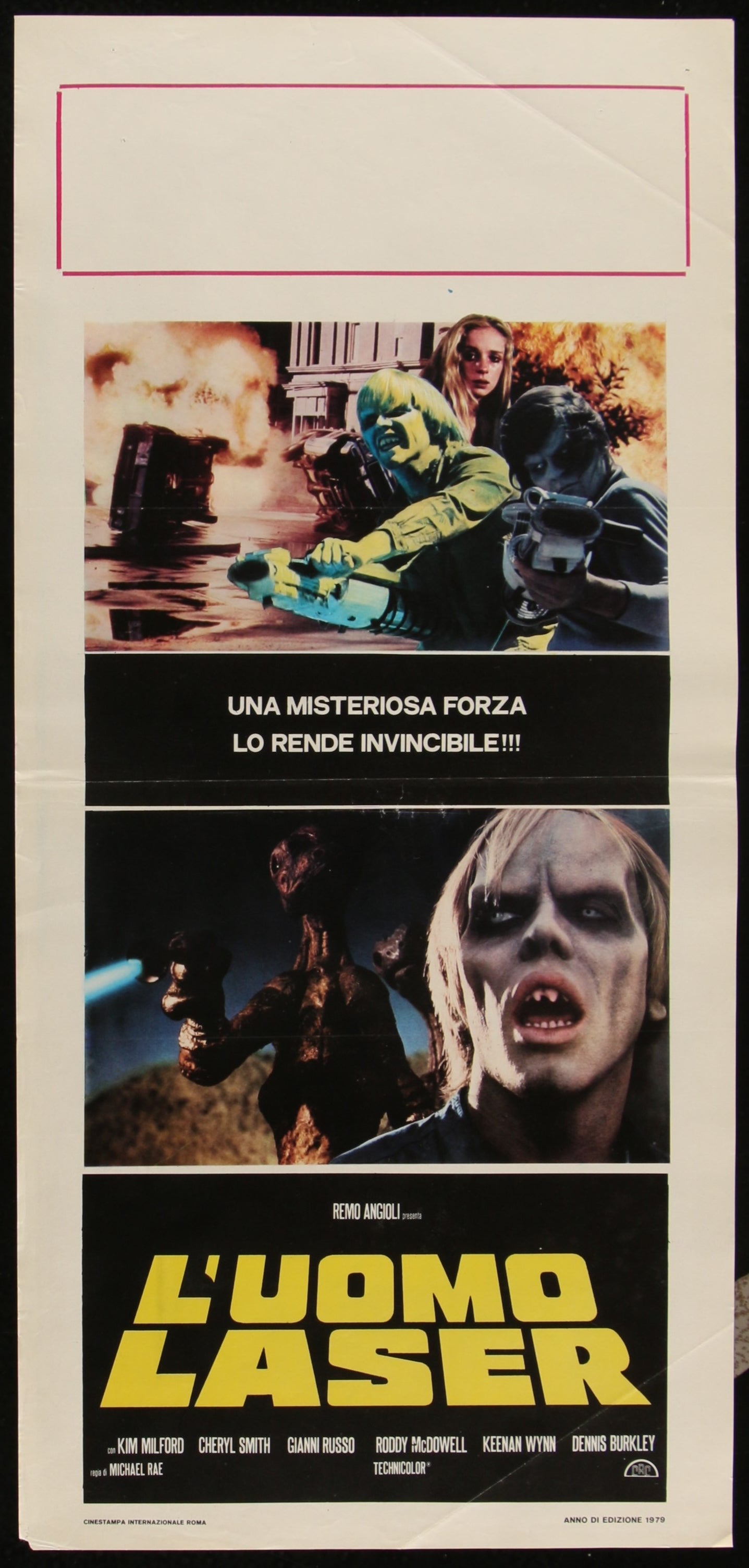 Vintage Italian Locandina movie poster for the 1979 film 'Laserblast' featuring artwork with characters and a title in Italian.