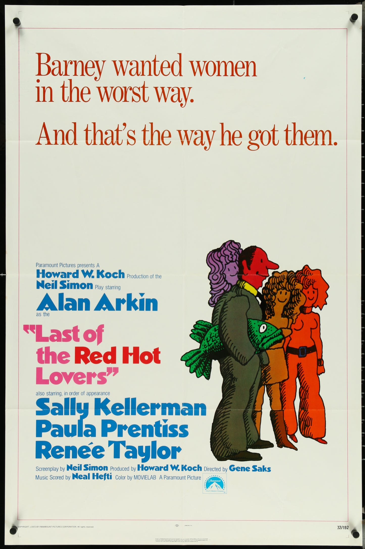 Vintage style movie poster for 'Last Of The Red Hot Lovers' featuring cartoon-style illustrations of the main characters, with a text overlay including the film title and cast names.