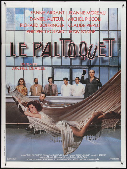 Vintage style movie poster for 'Le Paltoquet' featuring a woman in a white dress on a hammock, surrounded by a cast list and the film's title.