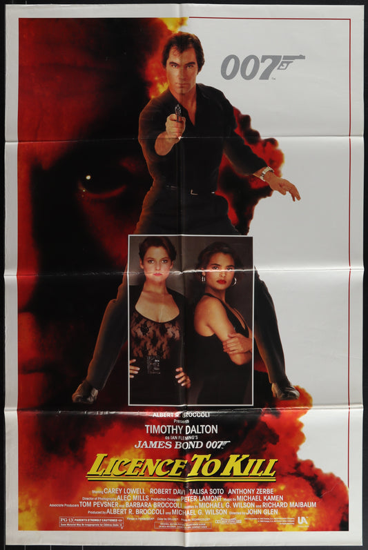 Original US one sheet movie poster for Licence to Kill featuring Timothy Dalton as James Bond, with a background of a fire and two women sitting in a car.
