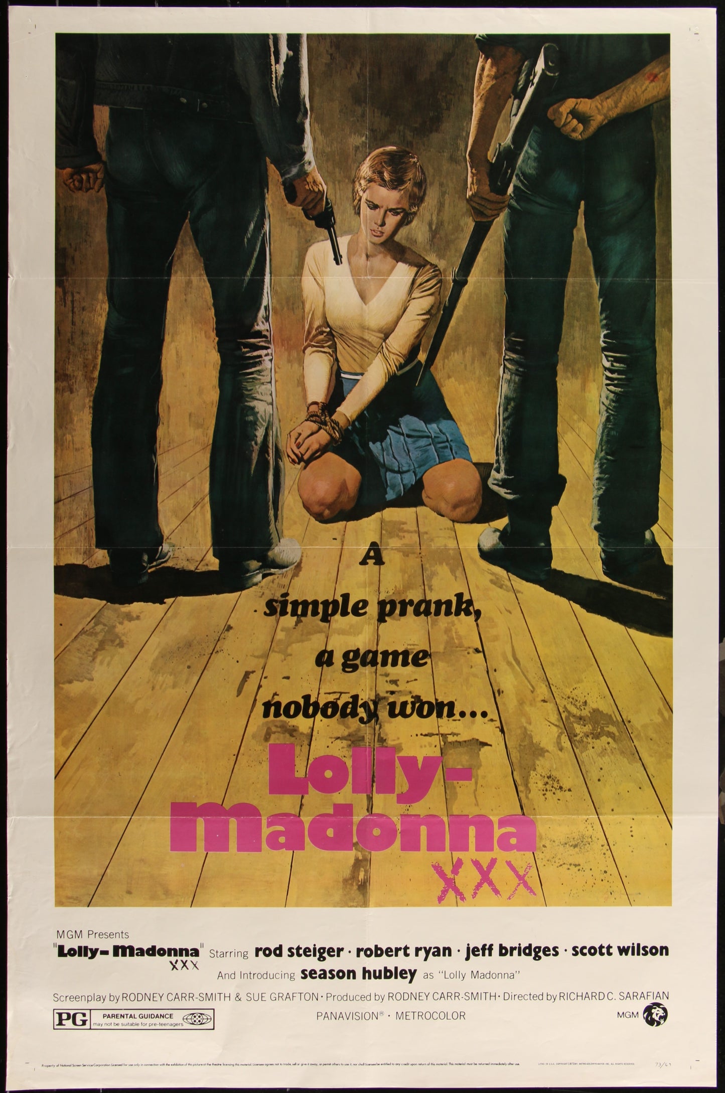 Vintage style movie poster featuring a woman in a kneeling position with two men standing over her, portraying a dramatic scene from the movie. The poster has a yellowish tint and text indicating the film's title 'Lolly-Madonna XXX'.