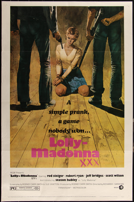 Vintage style movie poster featuring a woman in a kneeling position with two men standing over her, portraying a dramatic scene from the movie. The poster has a yellowish tint and text indicating the film's title 'Lolly-Madonna XXX'.