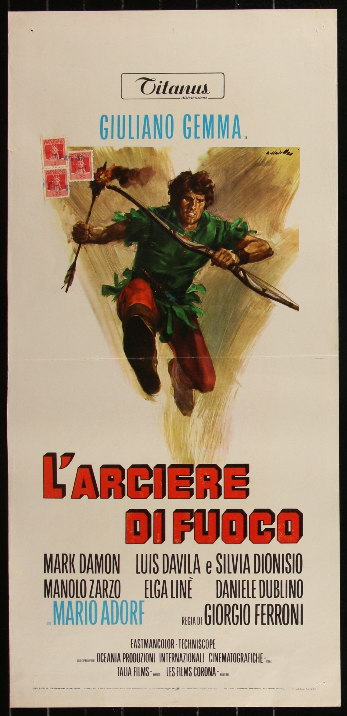 Vintage movie poster for 'L'Arciere di Fuoco' featuring a archer with a bow and arrow.
