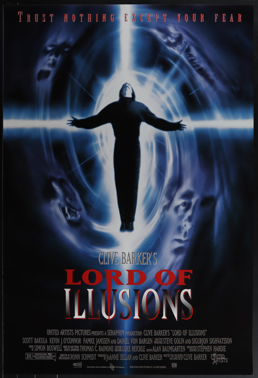 Movie poster for 'Clive Barker's Lord of Illusions' with a silhouette in a circular light design.