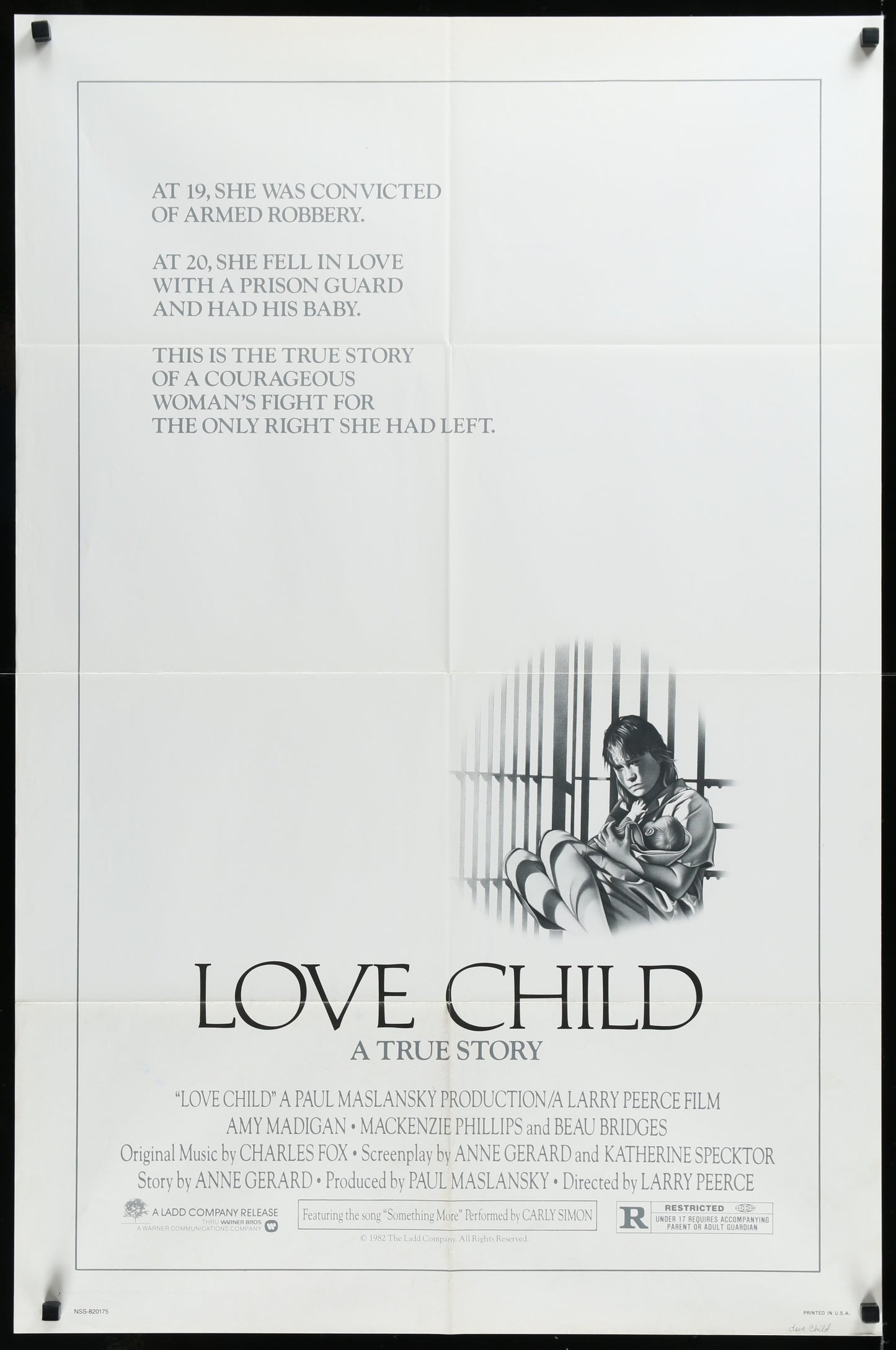 Vintage style movie poster for 'Love Child' featuring a black and white image of a woman in a prison cell, with text and credits.