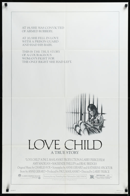 Vintage style movie poster for 'Love Child' featuring a black and white image of a woman in a prison cell, with text and credits.