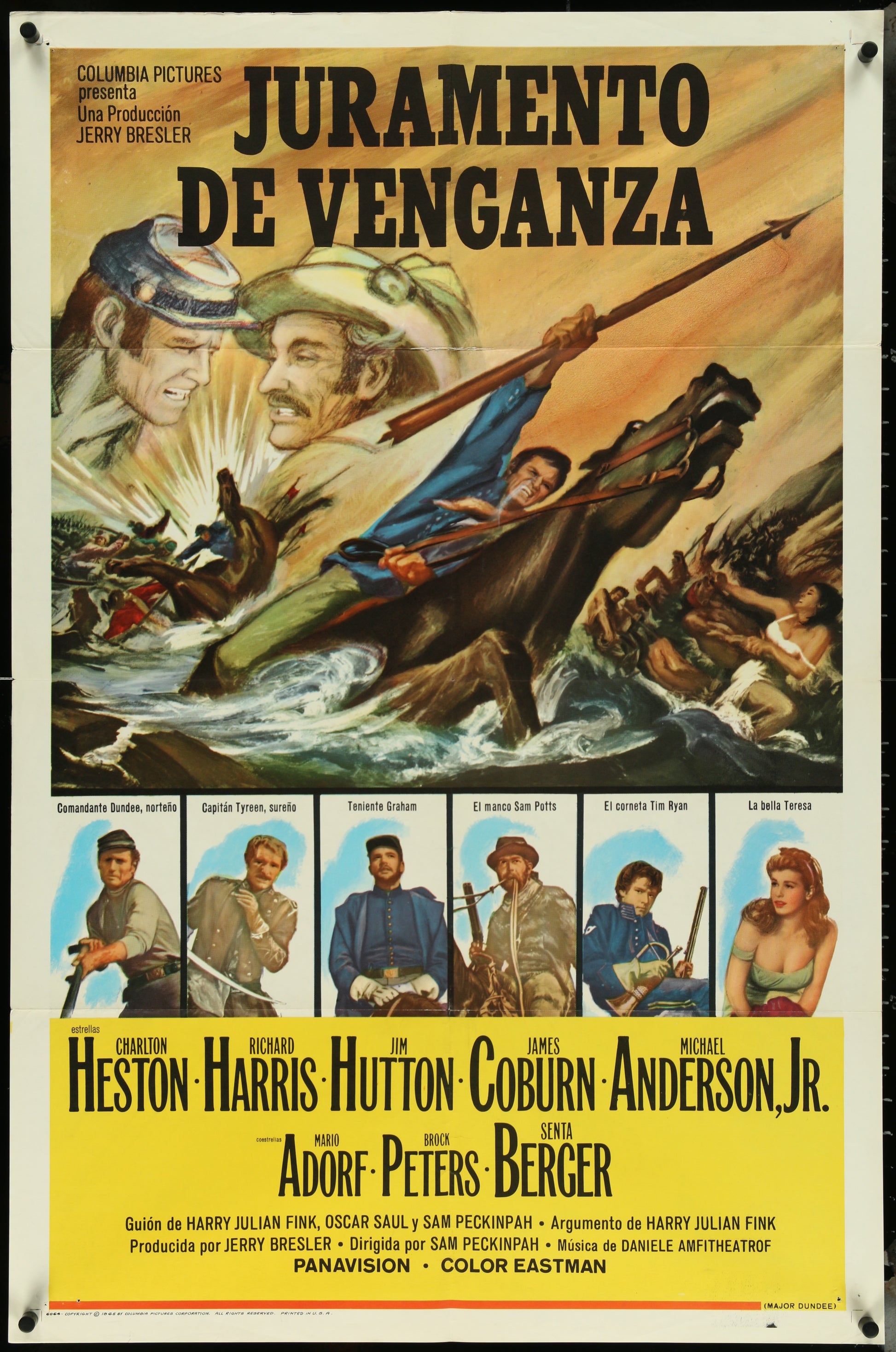 Vintage movie poster for 'Major Dundee' featuring Charlton Heston and Richard Harris with a background of a historical Western scene.