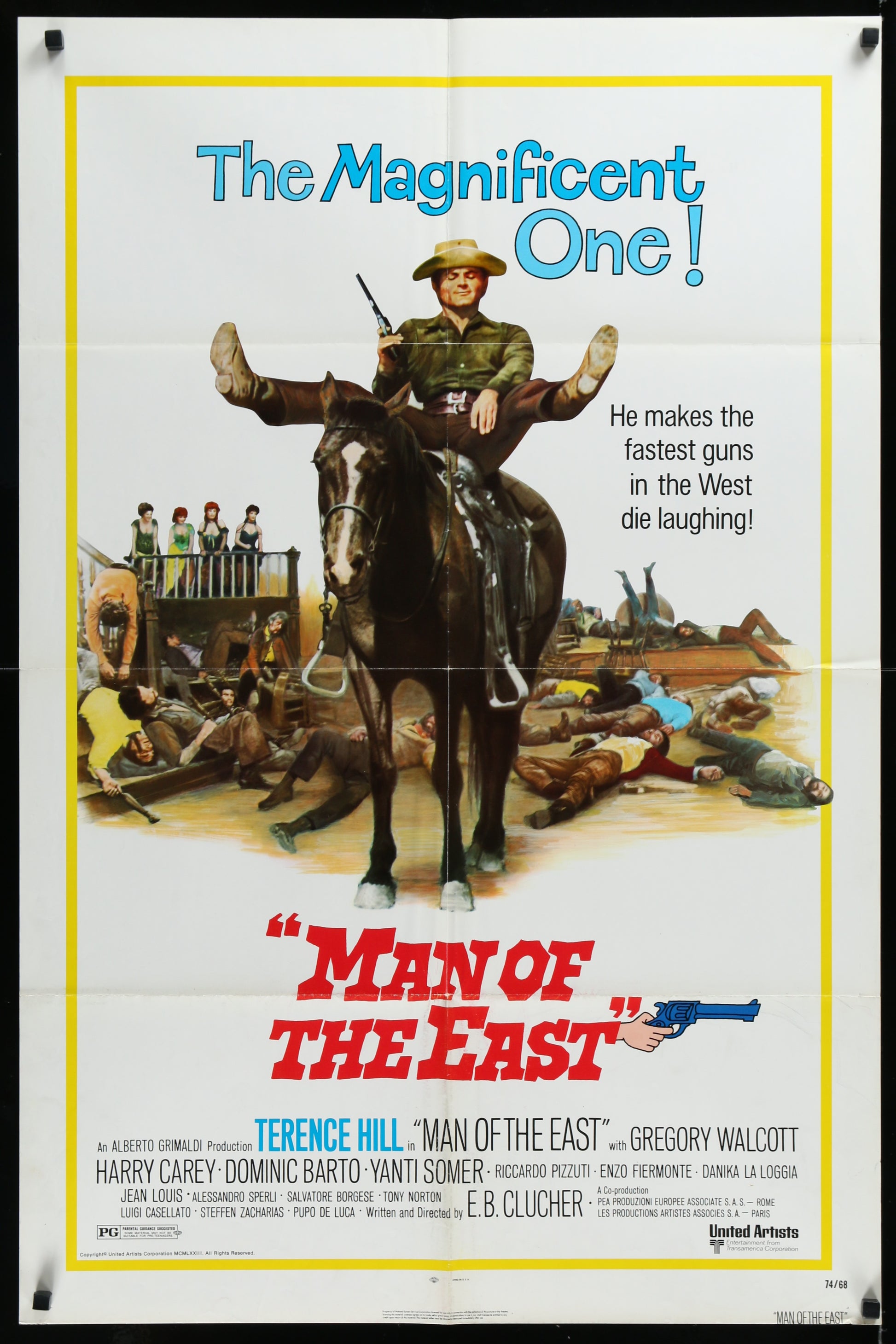 Vintage style movie poster for 'Man Of The East' featuring a man on a horse with the title text and additional movie details.