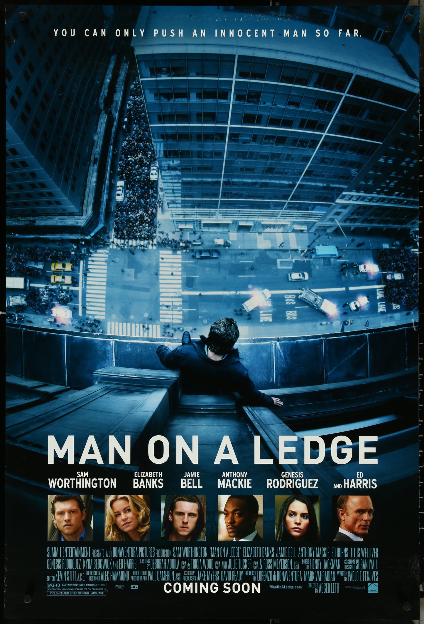 Original US one-sheet movie poster for 'Man On A Ledge' featuring a black and white image of the main character in a dramatic pose with a cityscape in the background.