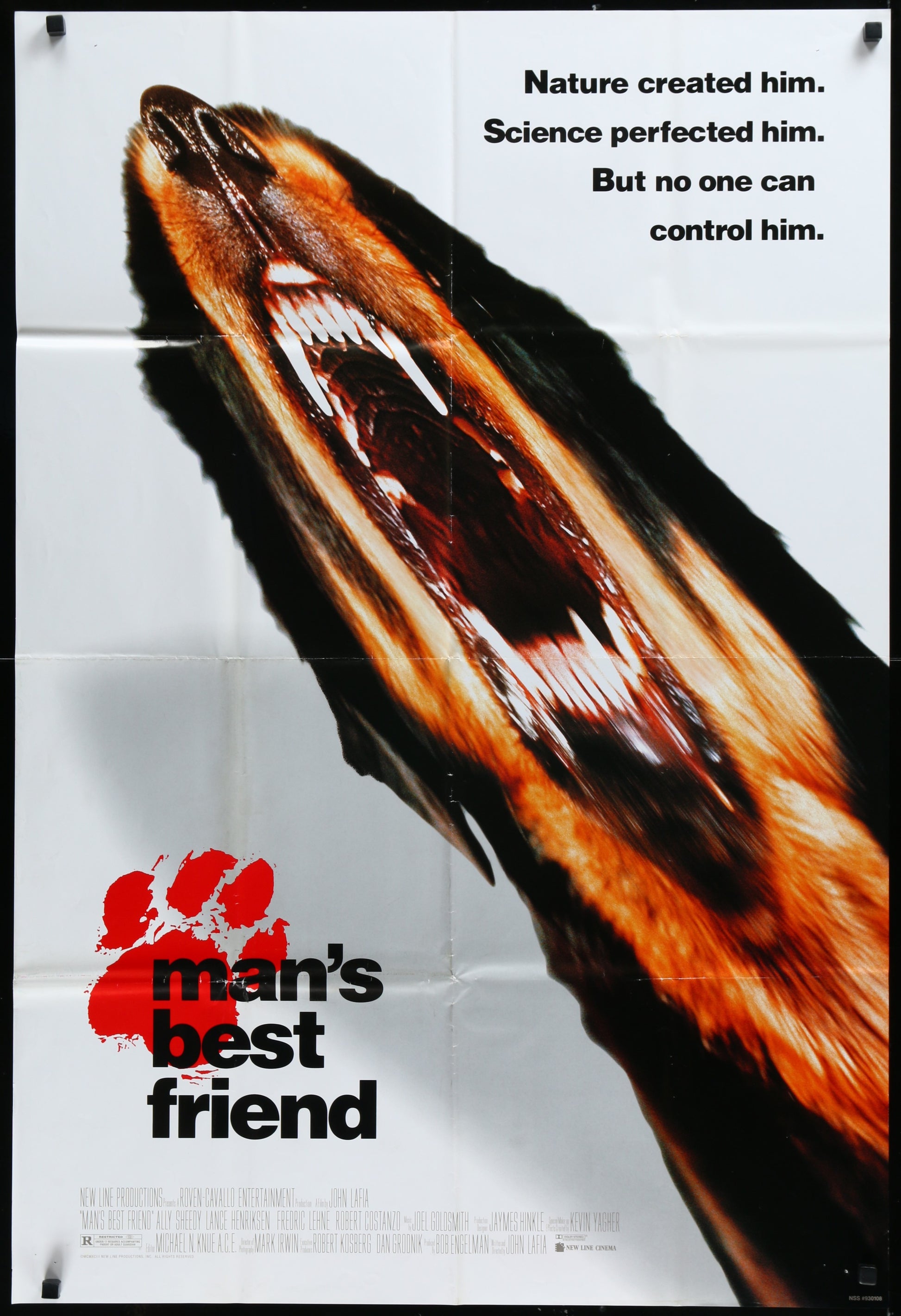 Vintage style movie poster featuring a growling dog's face in the foreground with a red paw print below and the title 'Man's Best Friend' at the bottom.
