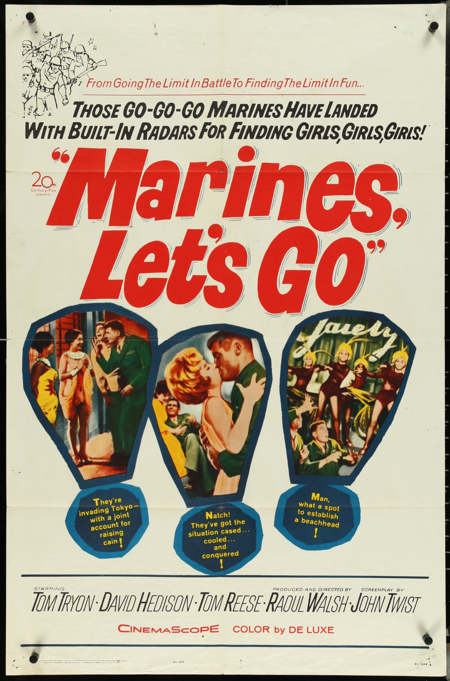 Vintage style movie poster for 'Marines, Let's Go' featuring a man and a woman embracing, with a background of marines and a military setting. The poster is folded and shows signs of wear.