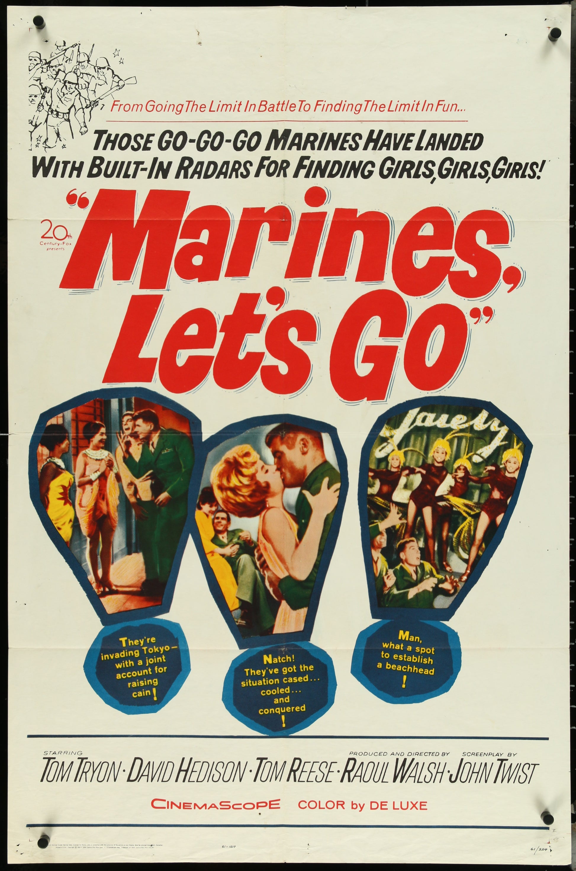 Vintage style movie poster for 'Marines, Let's Go' featuring a man and a woman embracing, with a background of marines and a military setting. The poster is folded and shows signs of wear.