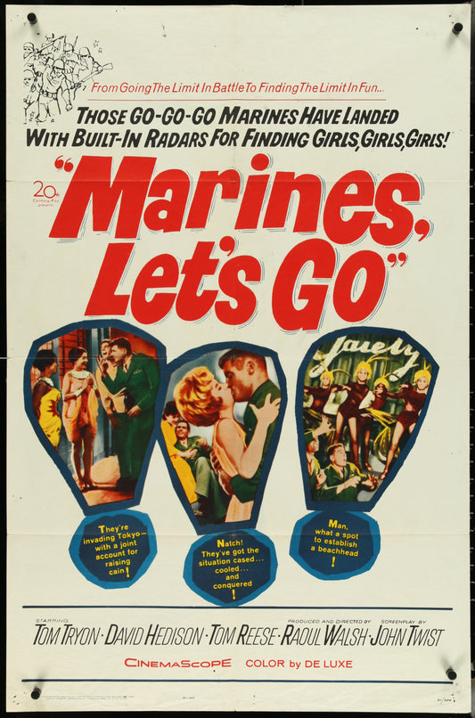 Vintage style movie poster for 'Marines, Let's Go' featuring a man and a woman embracing, with a background of marines and a military setting. The poster is folded and shows signs of wear.