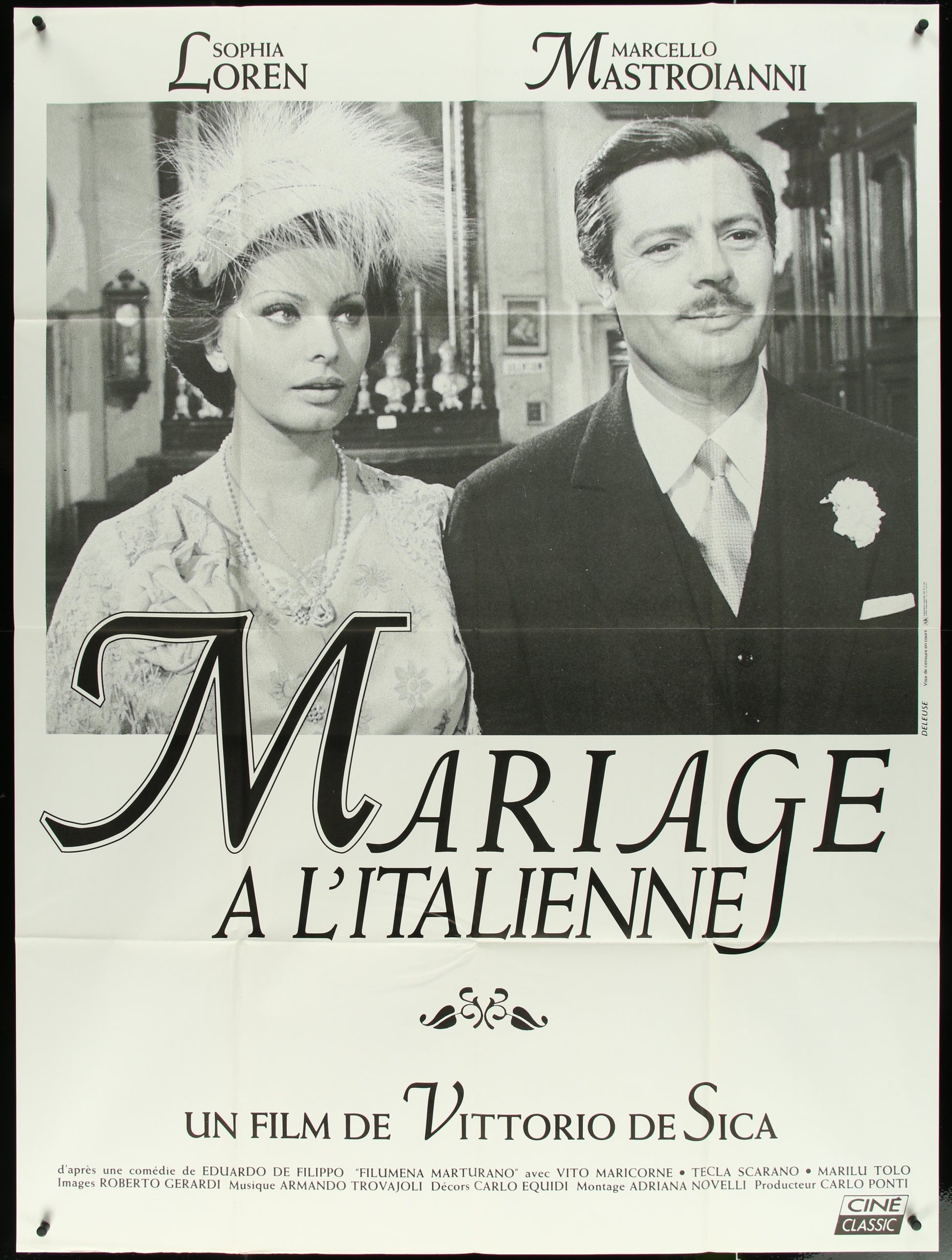 A vintage style movie poster featuring a man and a woman, likely from the film 'Marriage Italian Style'.
