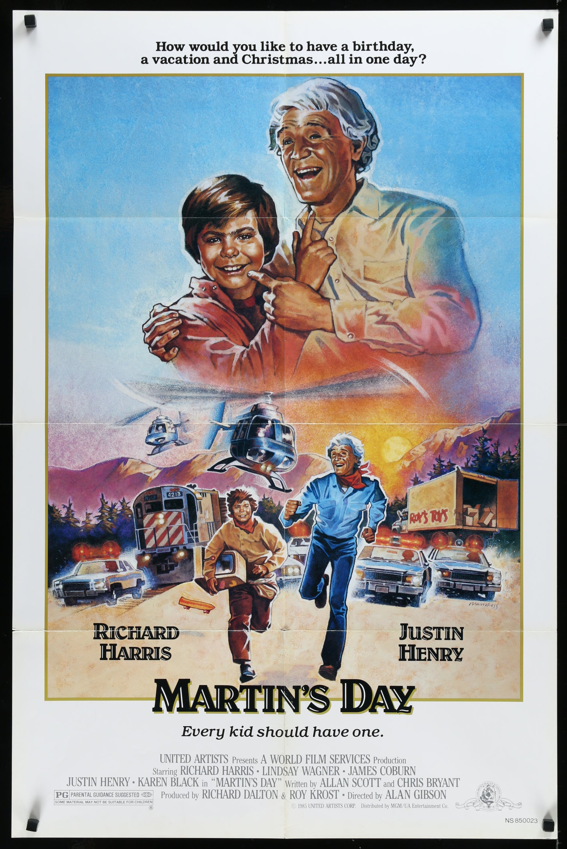 Original US one sheet movie poster for 'Martin's Day' featuring Richard Harris and James Coburn with a young Justin Henry. The poster is vibrantly colored with a depiction of the movie's scene and has the text 'How would you like a birthday?' at the top.