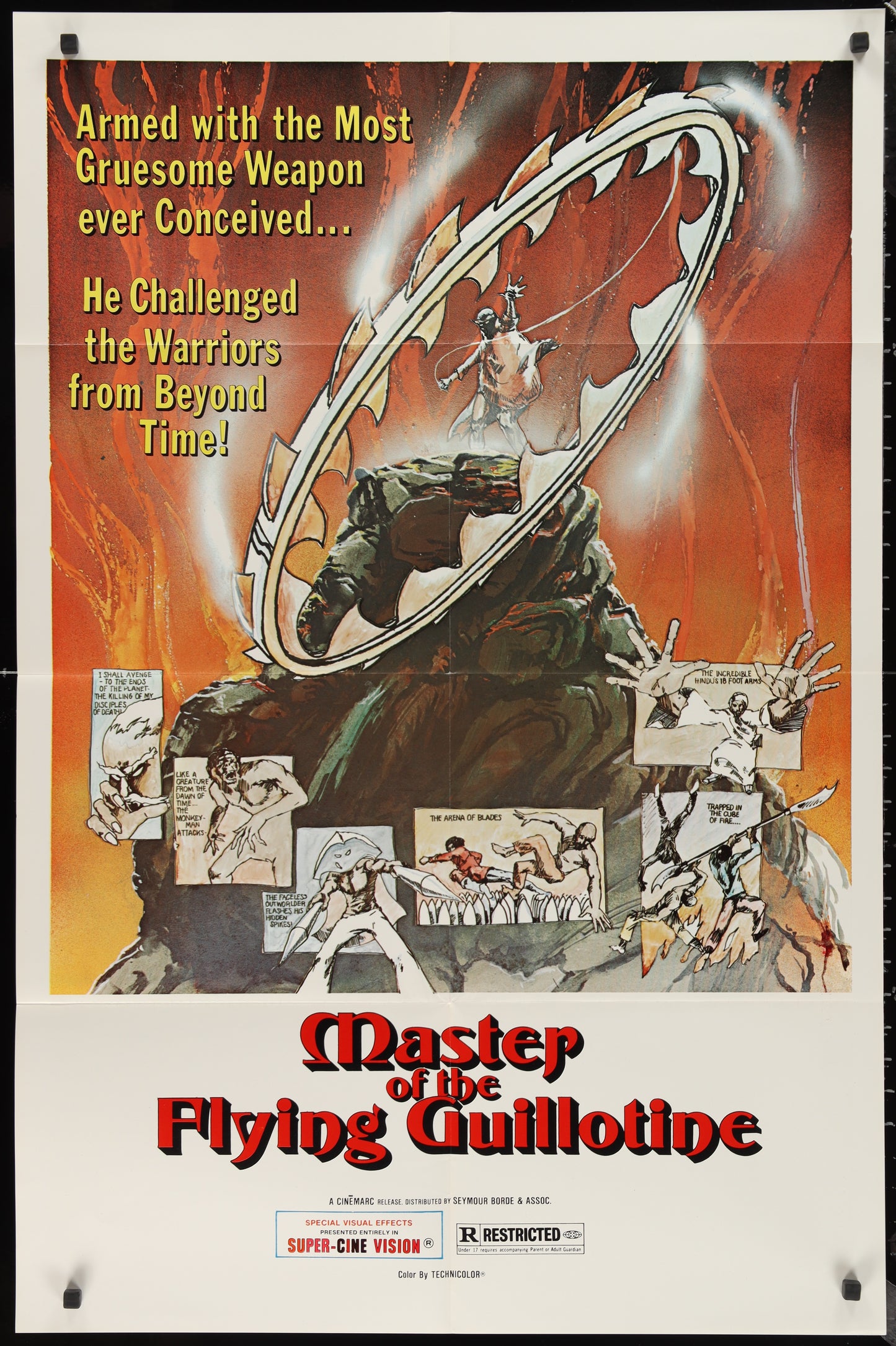 Original movie poster for 'Master Of The Flying Guillotine (1977)' featuring an illustration of a martial arts scene with multiple characters.