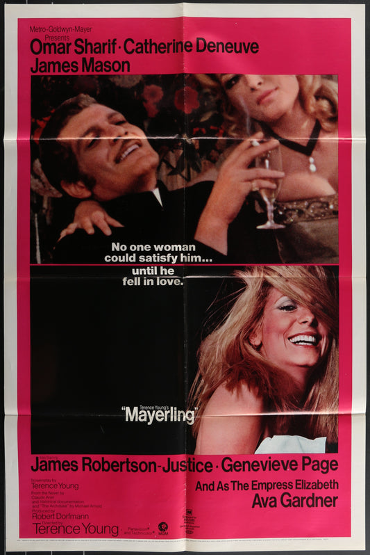 Original US one sheet movie poster for 'Mayerling' featuring Omar Sharif, Catherine Deneuve, and James Mason. The poster is predominantly pink and black with images of the actors and movie title.