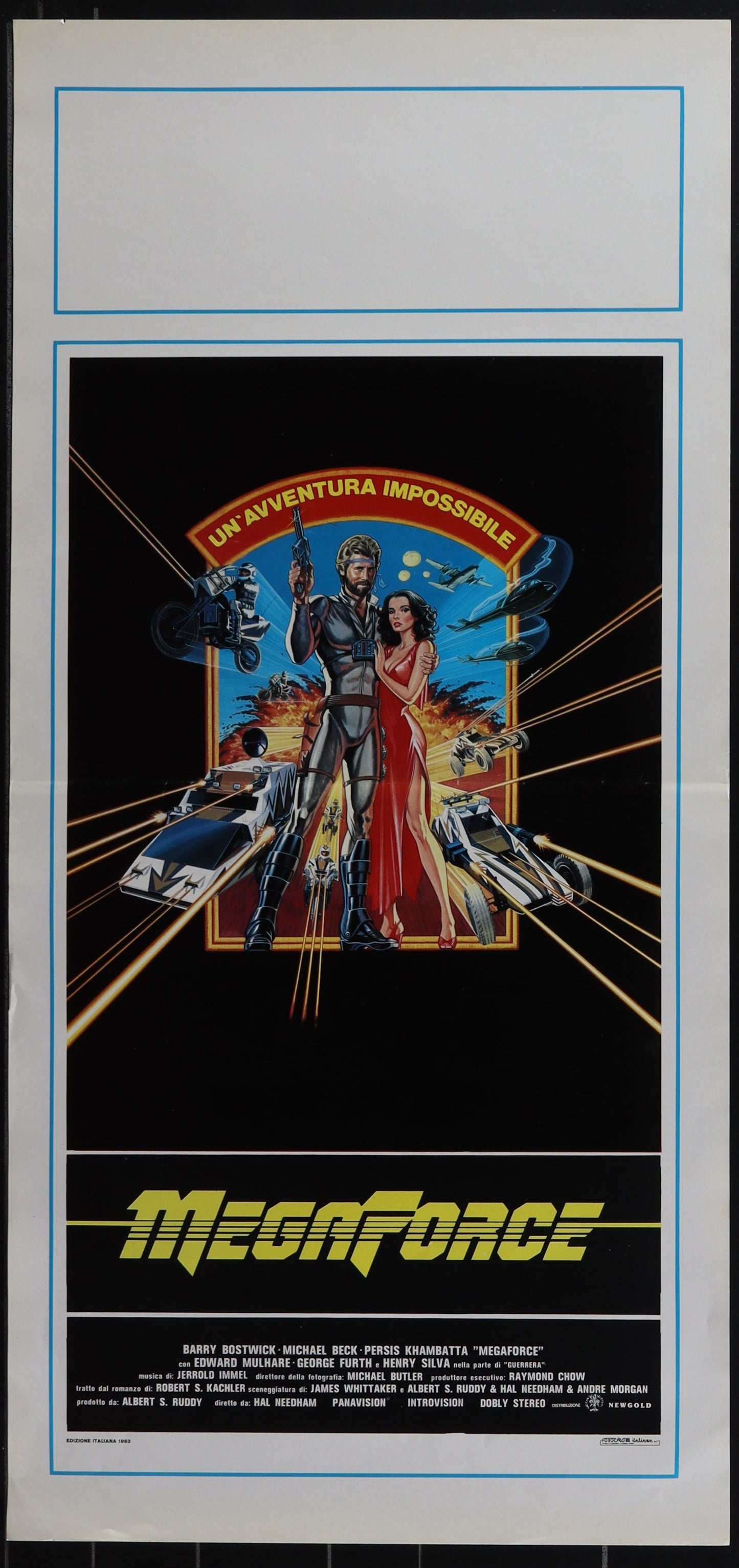 Vintage Italian movie poster for 'Megaforce' featuring characters and title in a stylized design.