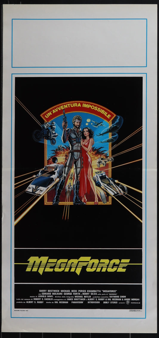 Vintage Italian movie poster for 'Megaforce' featuring characters and title in a stylized design.