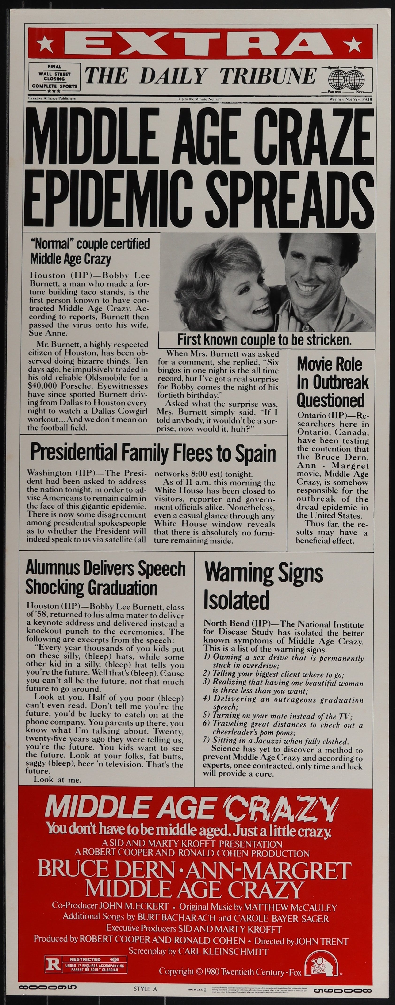Vintage style newspaper insert movie poster for 'Middle Age Crazy' featuring actors Bruce Dern and Ann-Margret, with headlines and text reporting on the movie's release.