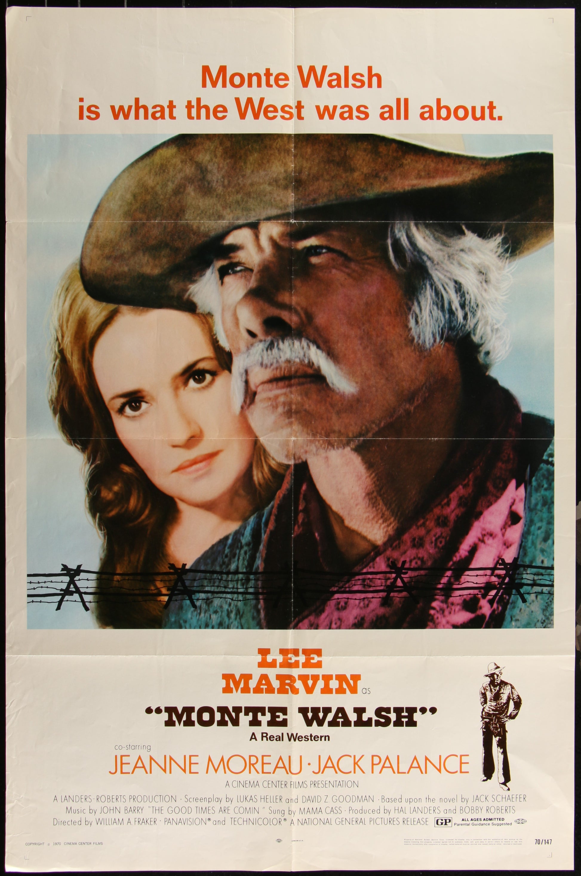 One-sheet movie poster for the film Monte Walsh featuring images of the actors Lee Marvin, Jeanne Moreau, and Jack Palance, with a cowboy theme.