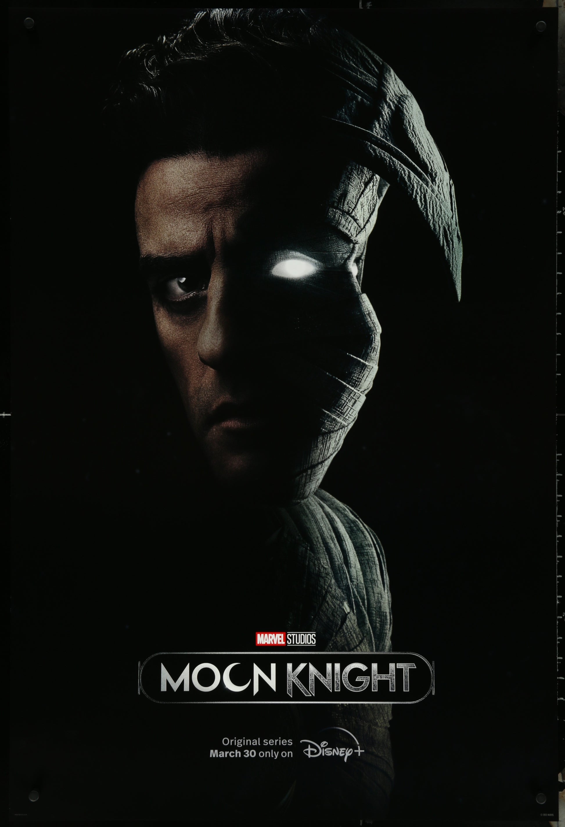 A poster of the Moon Knight (2022) TV series featuring a character in a superhero costume with a dramatic expression, indicating it's an action-packed scene. The poster is double-sided and measures 27" x 40".
