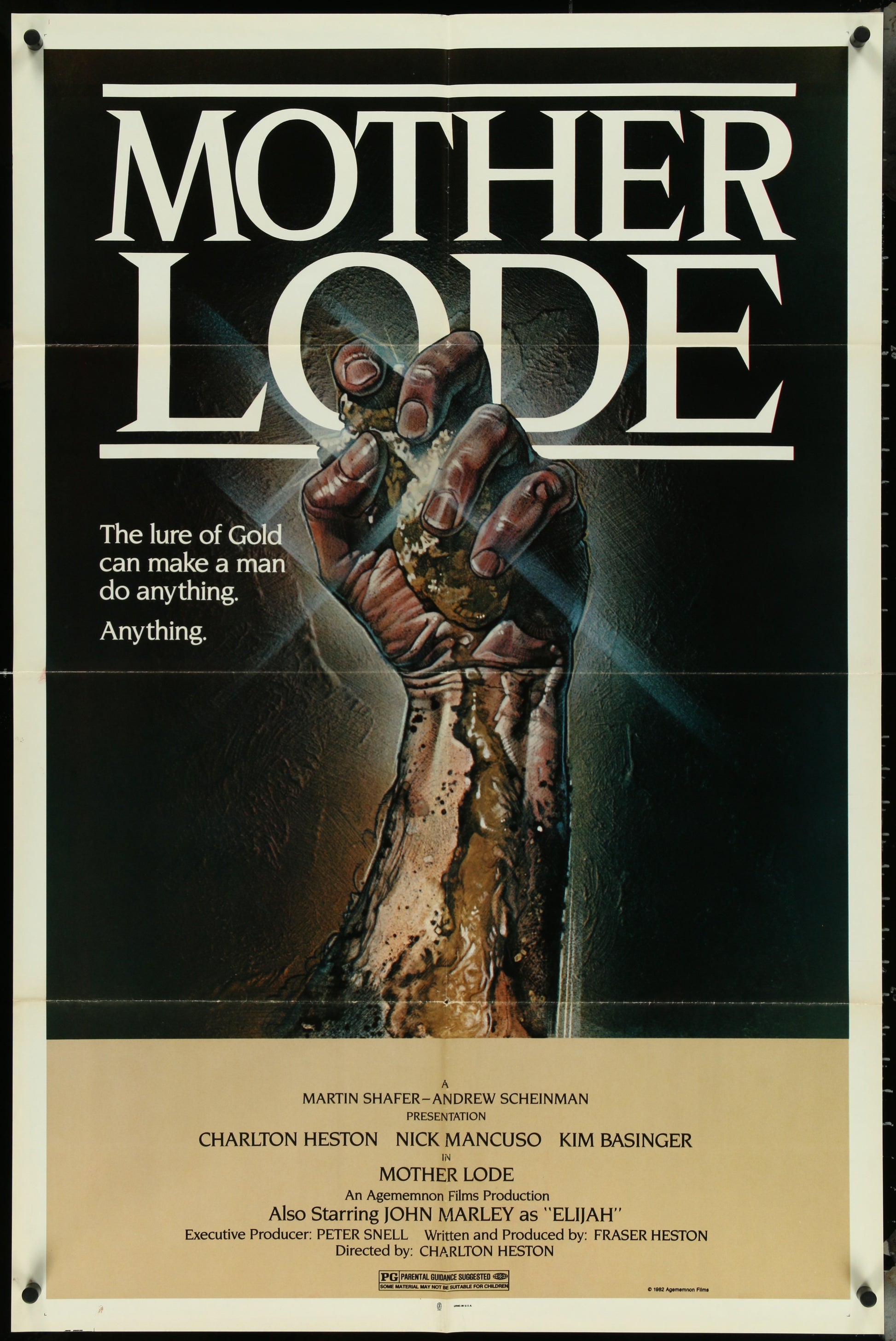 Vintage one-sheet movie poster for 'Mother Lode' featuring a close-up of a hand holding a gold nugget, with text and credits.