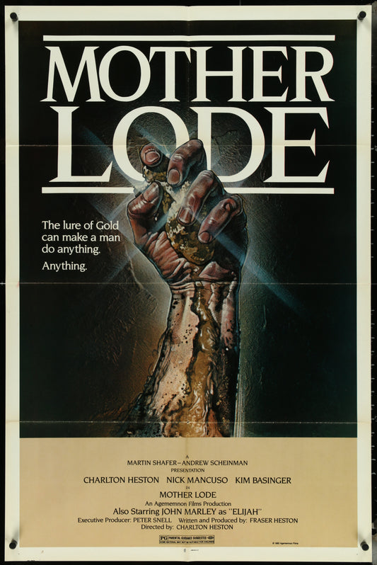 Vintage one-sheet movie poster for 'Mother Lode' featuring a close-up of a hand holding a gold nugget, with text and credits.