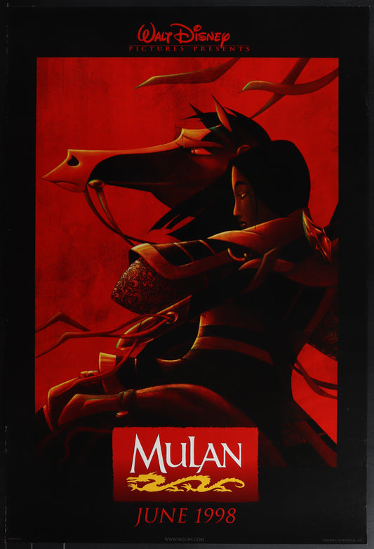 Original US one-sheet movie poster for the 1998 Walt Disney animated film Mulan, featuring the title character Mulan with Mushu the mouse in a dramatic red background.