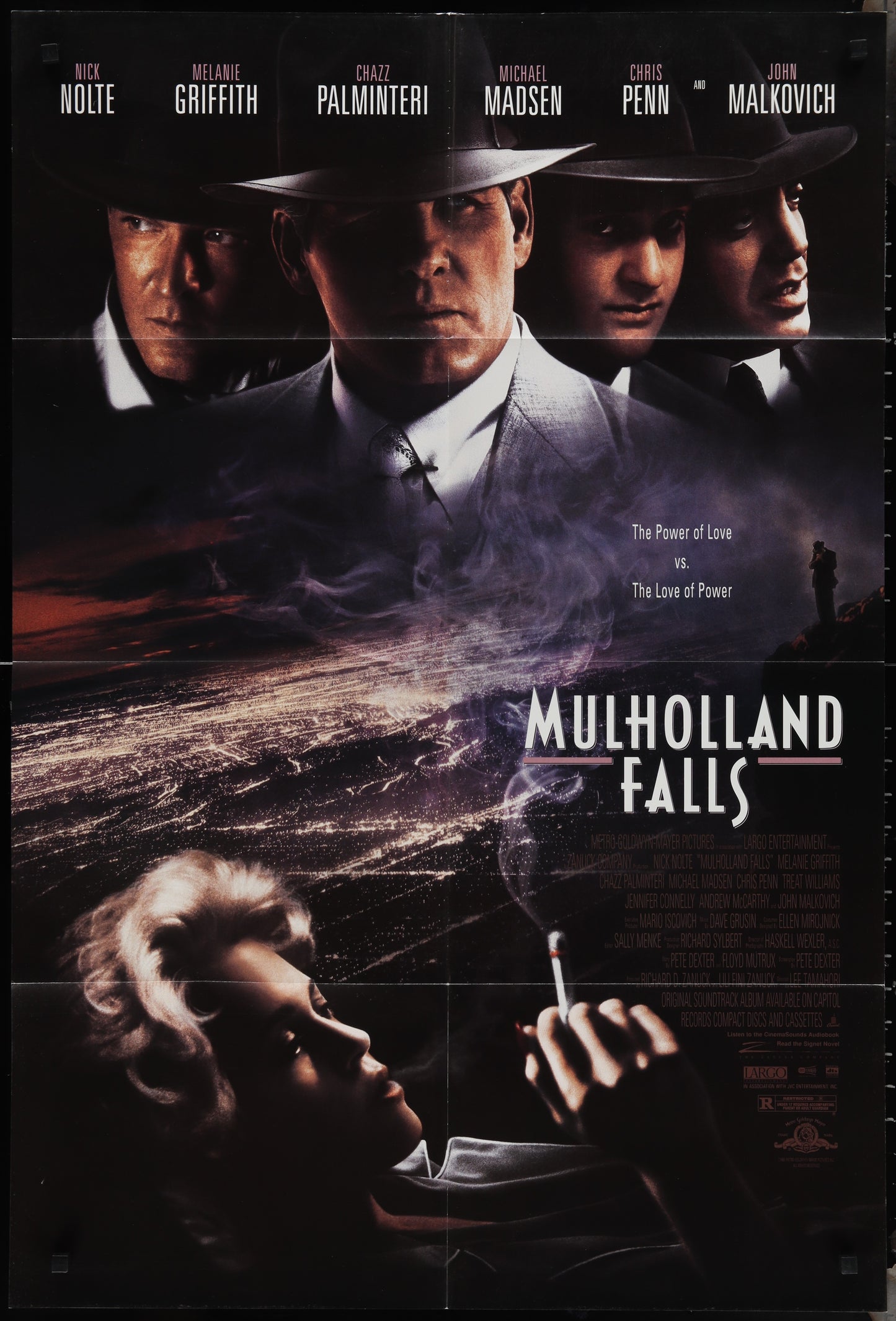 Original US one-sheet movie poster for Mulholland Falls featuring images of Nick Nolte and Melanie Griffith with a dramatic background.