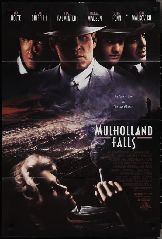 Original US one-sheet movie poster for Mulholland Falls featuring images of Nick Nolte and Melanie Griffith with a dramatic background.