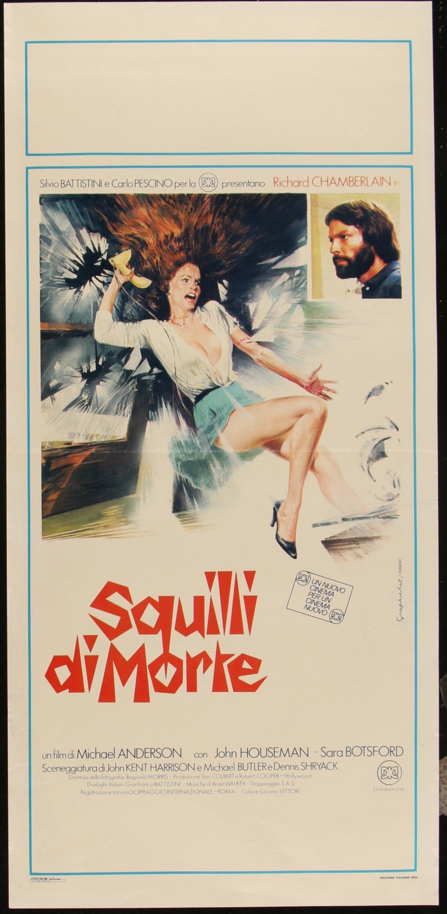 Italian movie poster for 'Murder By Phone' featuring a woman in a provocative pose with a superimposed image of a man's face, set against a dark background. The poster has red and white text and is marked with a 'G' symbol.