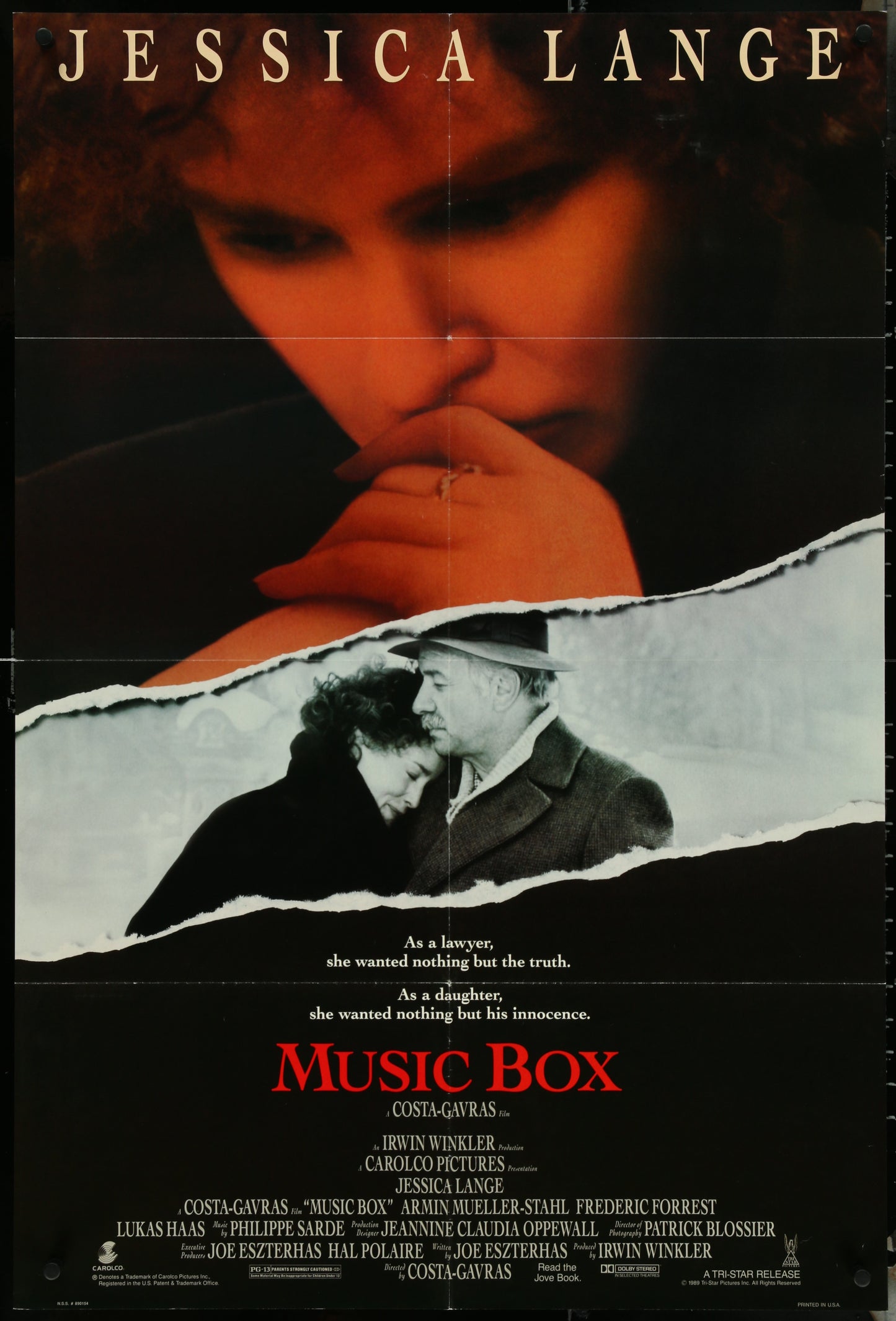 Original US one sheet movie poster for 'Music Box' featuring images of the main characters in a dramatic pose with a torn paper background.