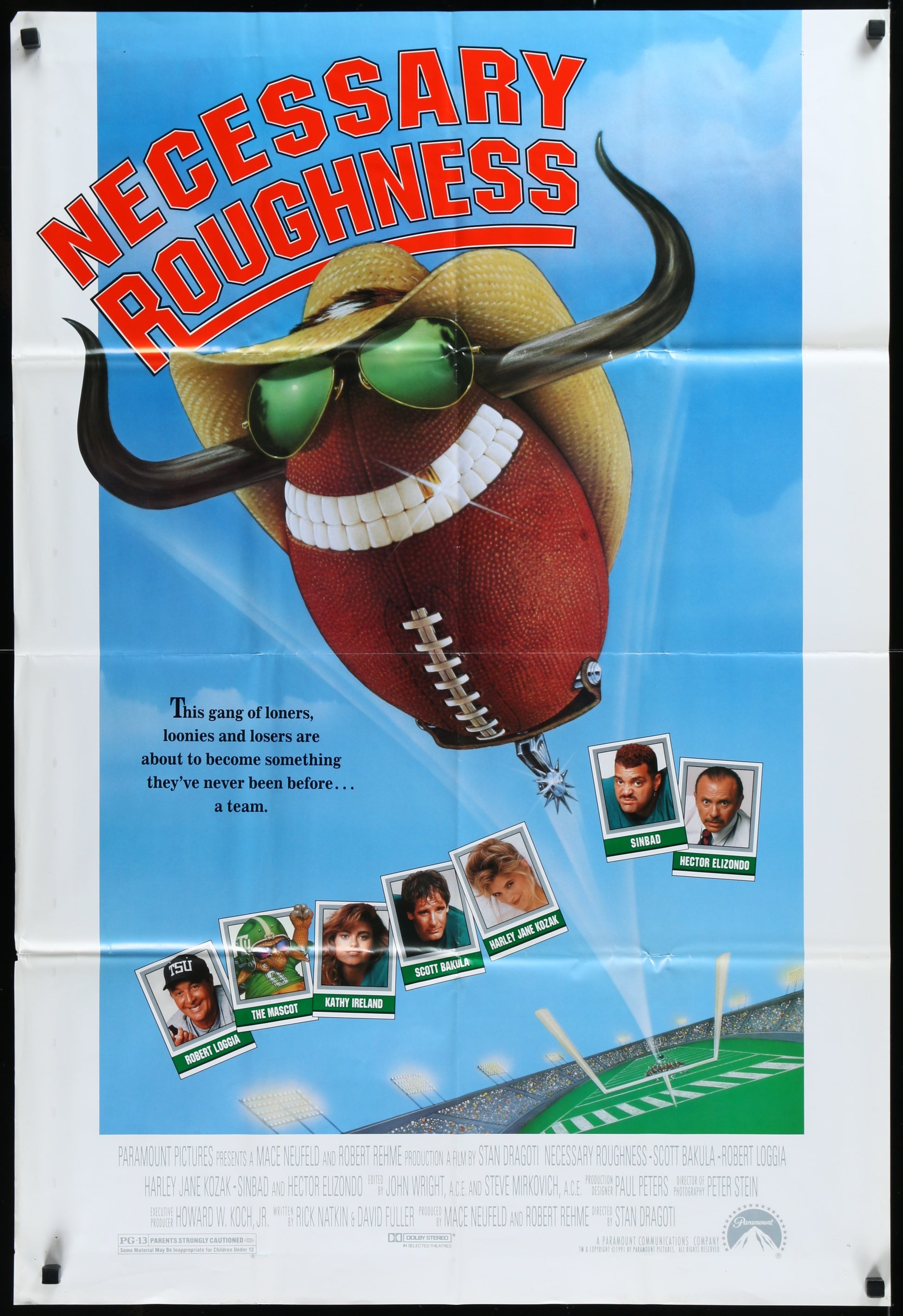 Vintage style movie poster for 'Necessary Roughness' featuring a stylized illustration of a football with a character wearing a stetson hat and sunglasses. The background includes a background of a football field with players and a stadium.