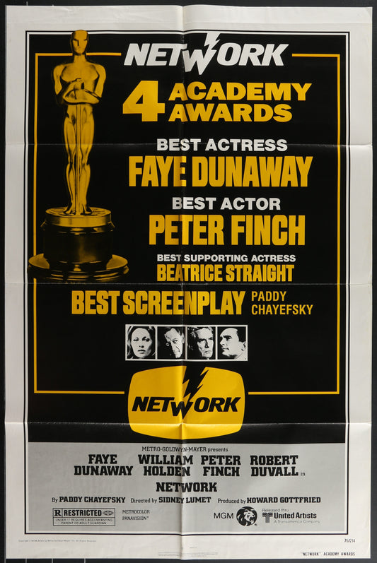 Vintage style movie poster for 'Network' (1976) featuring images of the main characters with an Oscar statue in the background, indicating four Academy Awards.