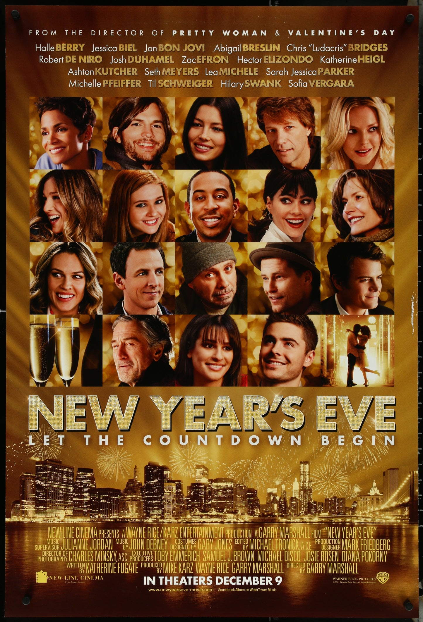 A US one sheet movie poster for the film 'New Year's Eve' featuring a collage of the main characters in the movie with a celebratory New Year's Eve theme.