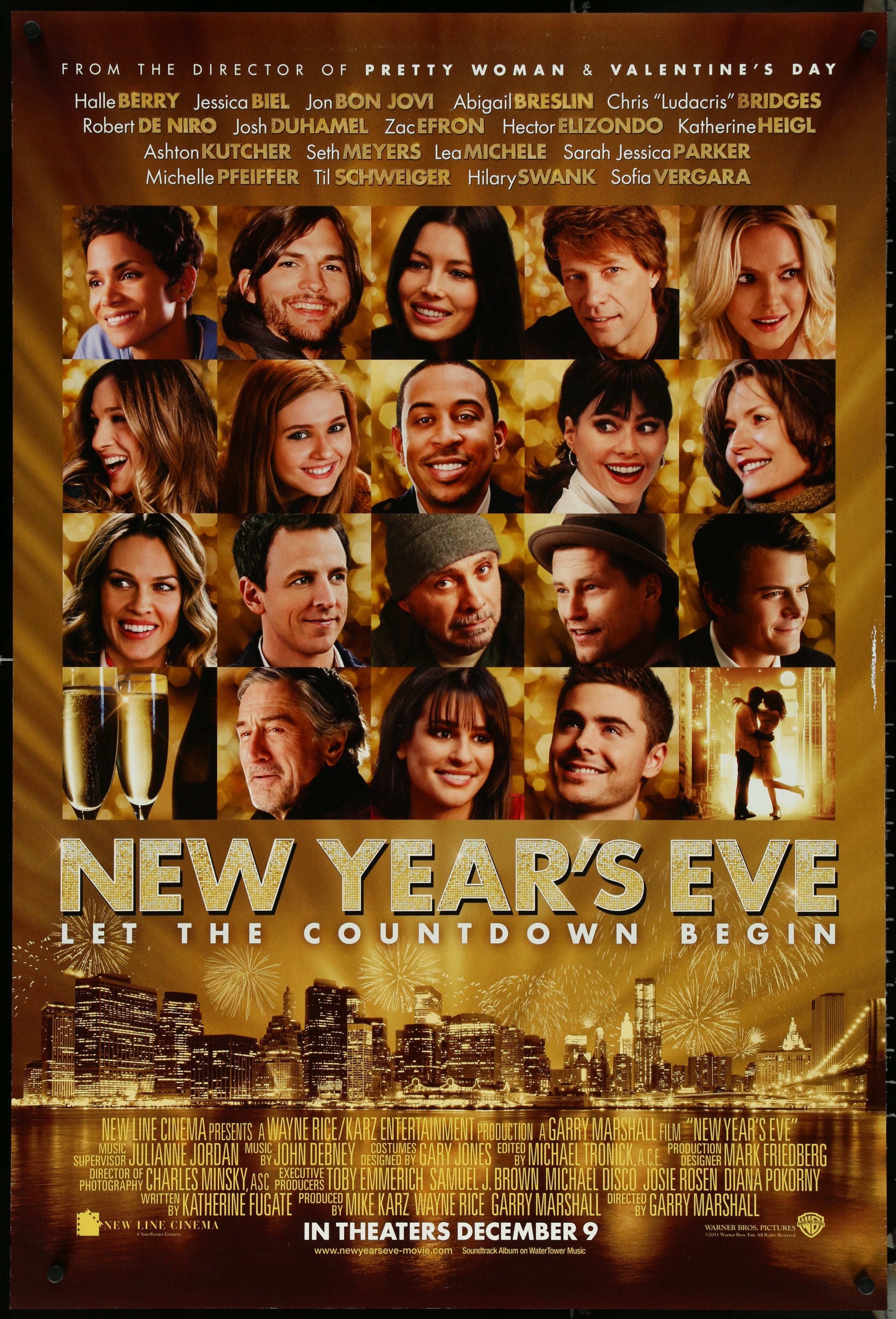 A US one sheet movie poster for the film 'New Year's Eve' featuring a collage of the main characters in the movie with a celebratory New Year's Eve theme.