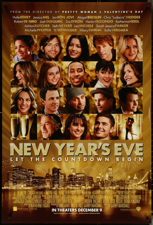 A US one sheet movie poster for the film 'New Year's Eve' featuring a collage of the main characters in the movie with a celebratory New Year's Eve theme.