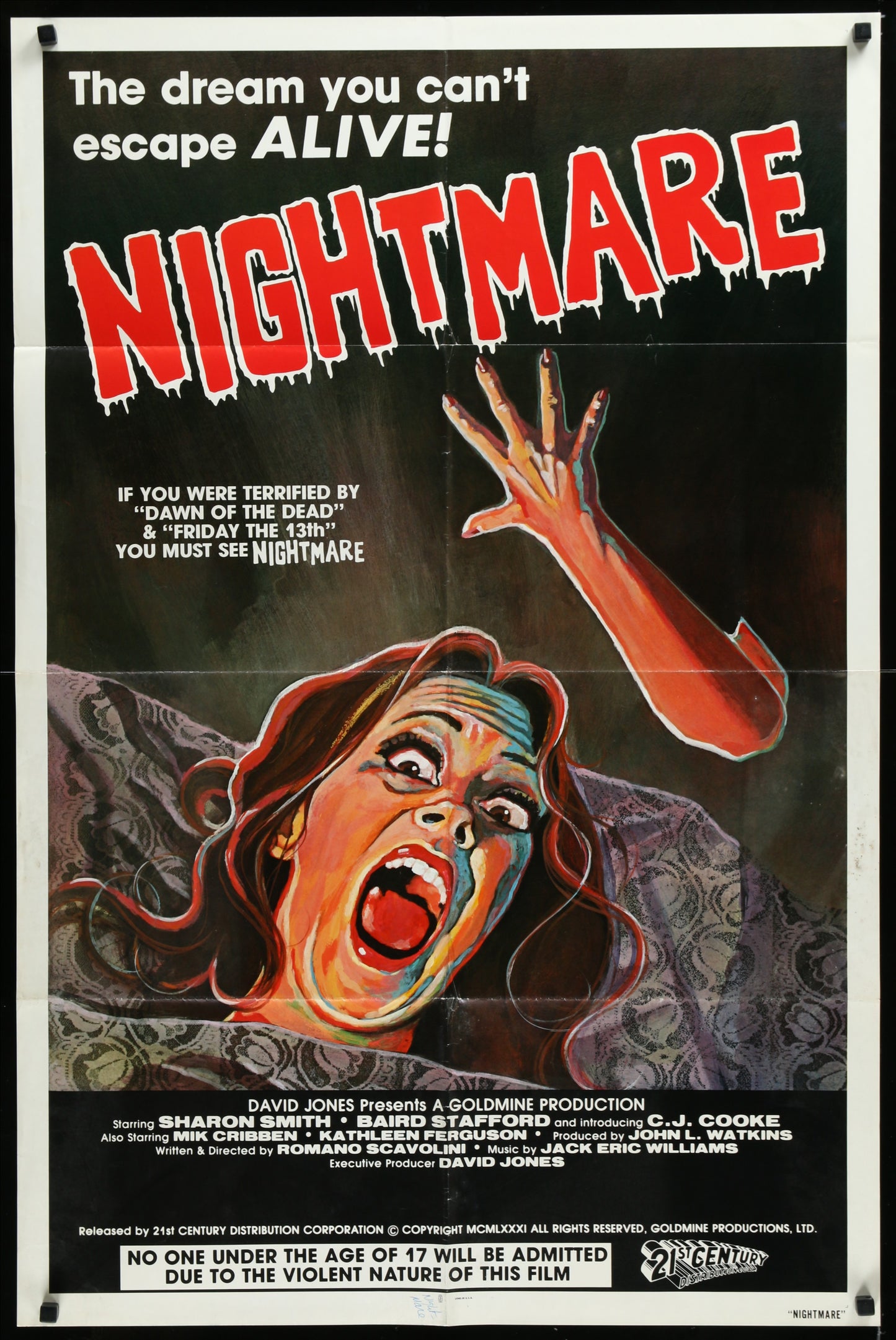 The image displays a vintage one-sheet movie poster for the 1981 horror thriller "Nightmare." The poster features a striking and dramatic illustration of a woman with a wild, frightened expression, her hands reaching out as if to grasp something.