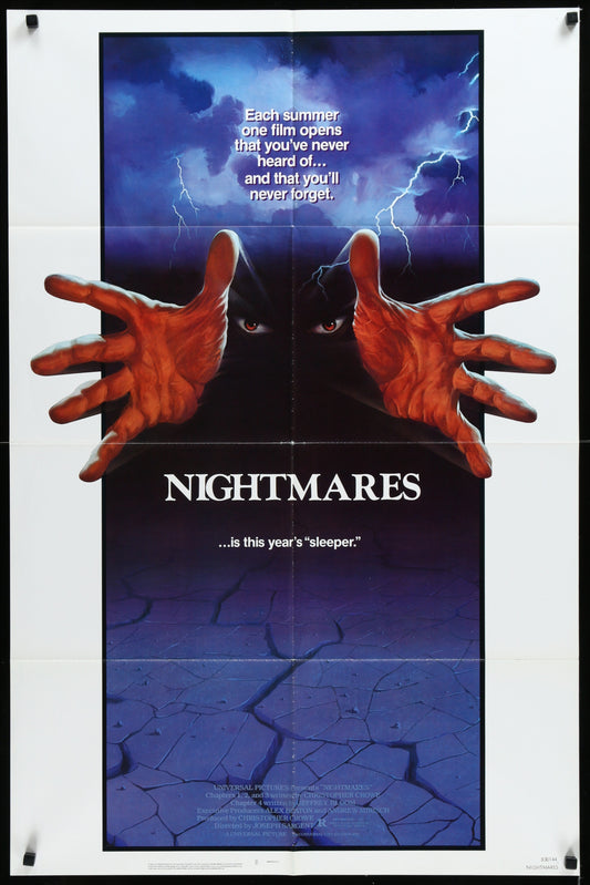 Original US one-sheet movie poster for 'Nightmares' featuring a stylized illustration of a hand with nails in a dark setting, with the movie title and release date at the bottom.