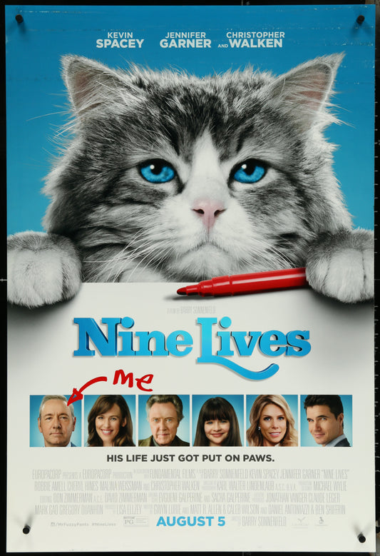 Movie poster for 'Nine Lives' featuring a cat with blue eyes holding a red pen.