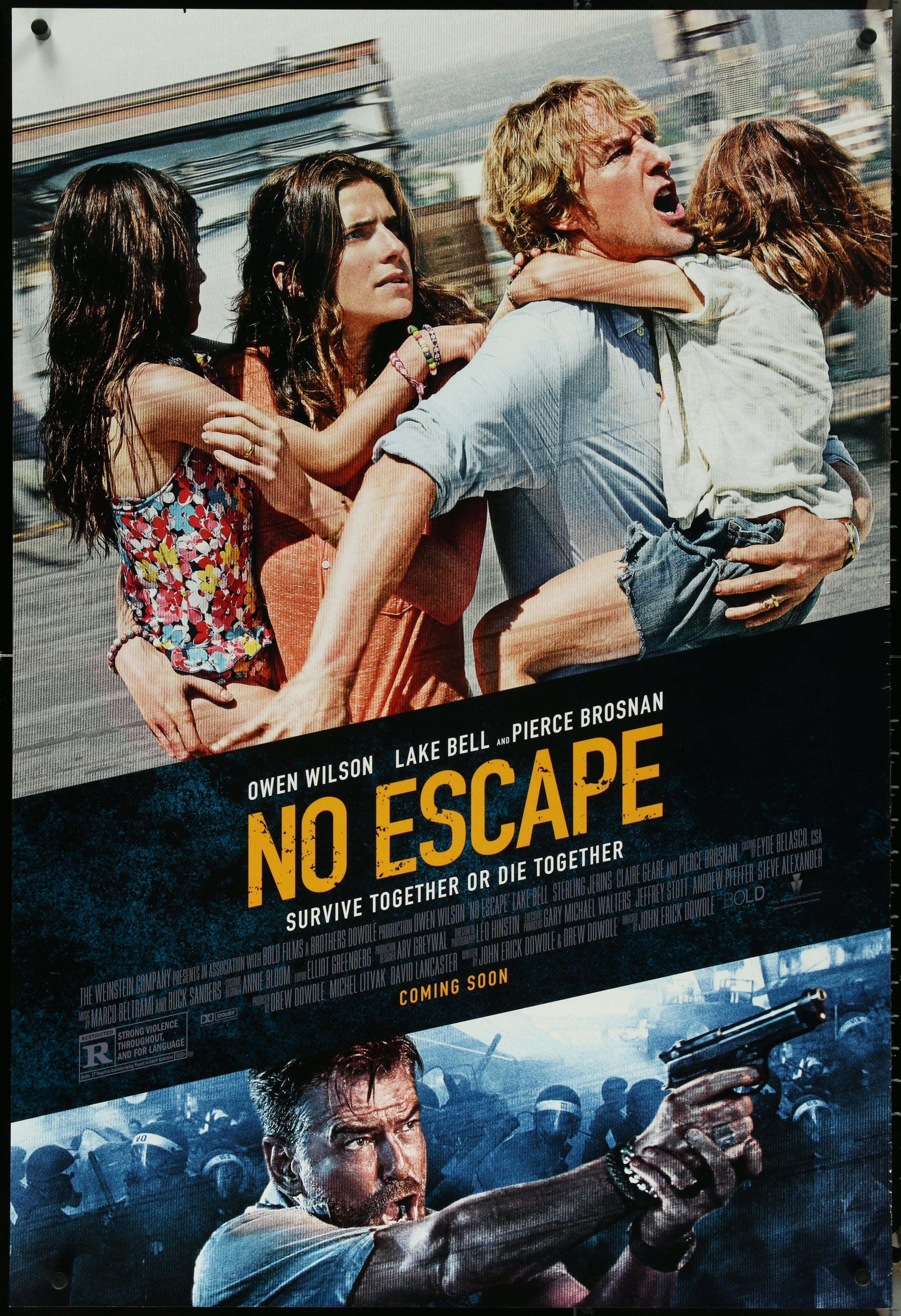 Original US one sheet movie poster for 'No Escape' featuring Owen Wilson, Lake Bell, and Pierce Brosnan with a gun, showcasing an intense scene from the film.