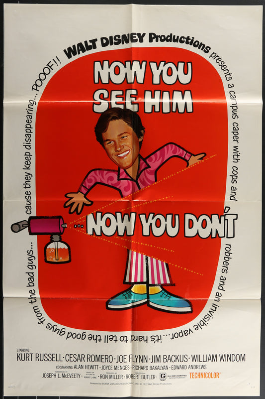 Vintage one-sheet movie poster for 'Now You See Him, Now You Don't' featuring a cartoon-style illustration of Kurt Russell in a pink shirt and striped trousers, with text and captions on the poster.