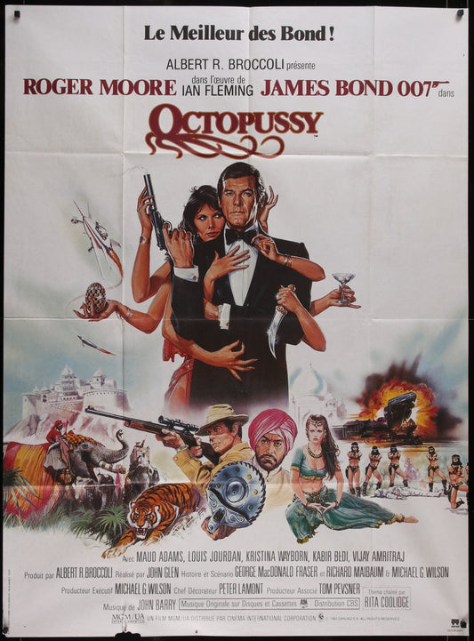 A vintage movie poster for the 1983 James Bond film 'Octopussy' featuring artwork by Daniel Goozee. The poster shows images of the actors, characters, and scenes from the movie, with a mix of colors predominantly showcasing the Bond franchise elements.