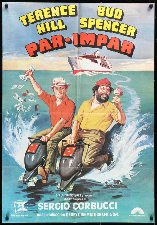 Original Spanish movie poster for 'Odds And Evens' featuring two male characters prominently, with a background of a boat and open sea.