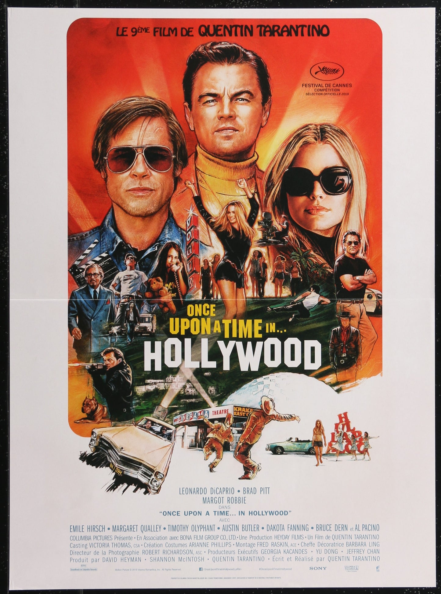 Movie poster for Quentin Tarantino's 'Once Upon a Time in Hollywood' featuring Brad Pitt, Leonardo DiCaprio and Margot Robbie.