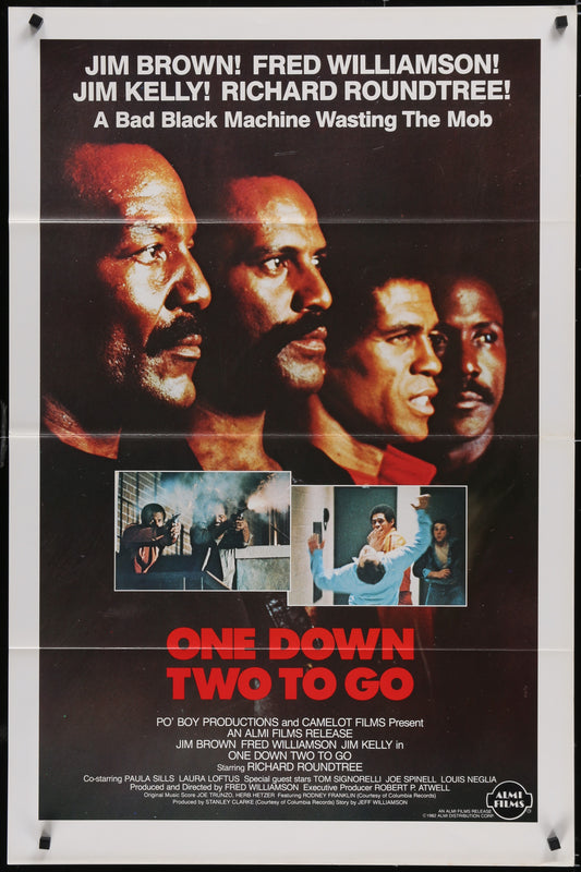 Movie poster for 'One Down Two to Go' featuring four men's faces and promotional text.