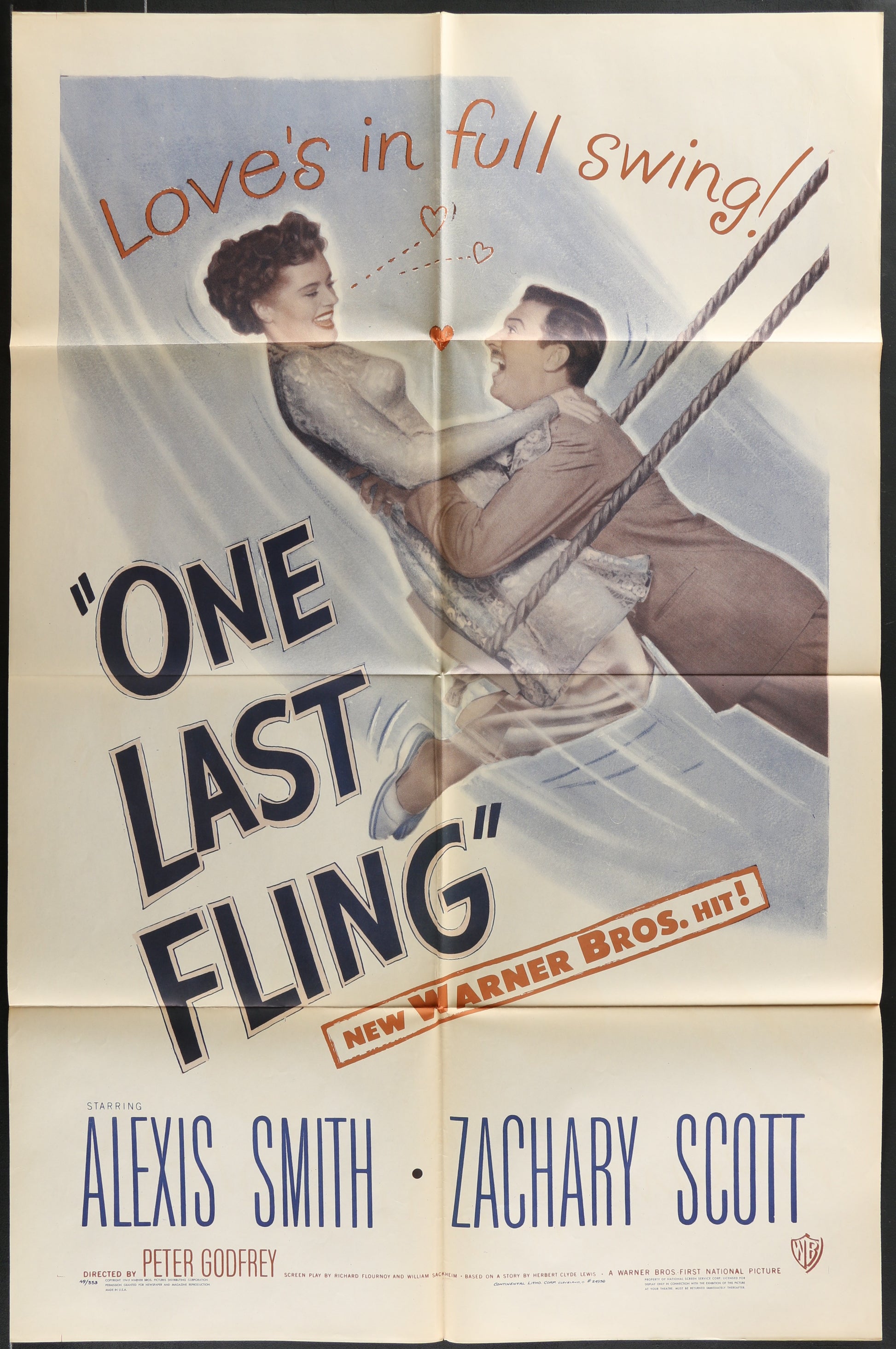Vintage movie poster for 'One Last Fling' featuring two people in a hammock with text about love and swing.