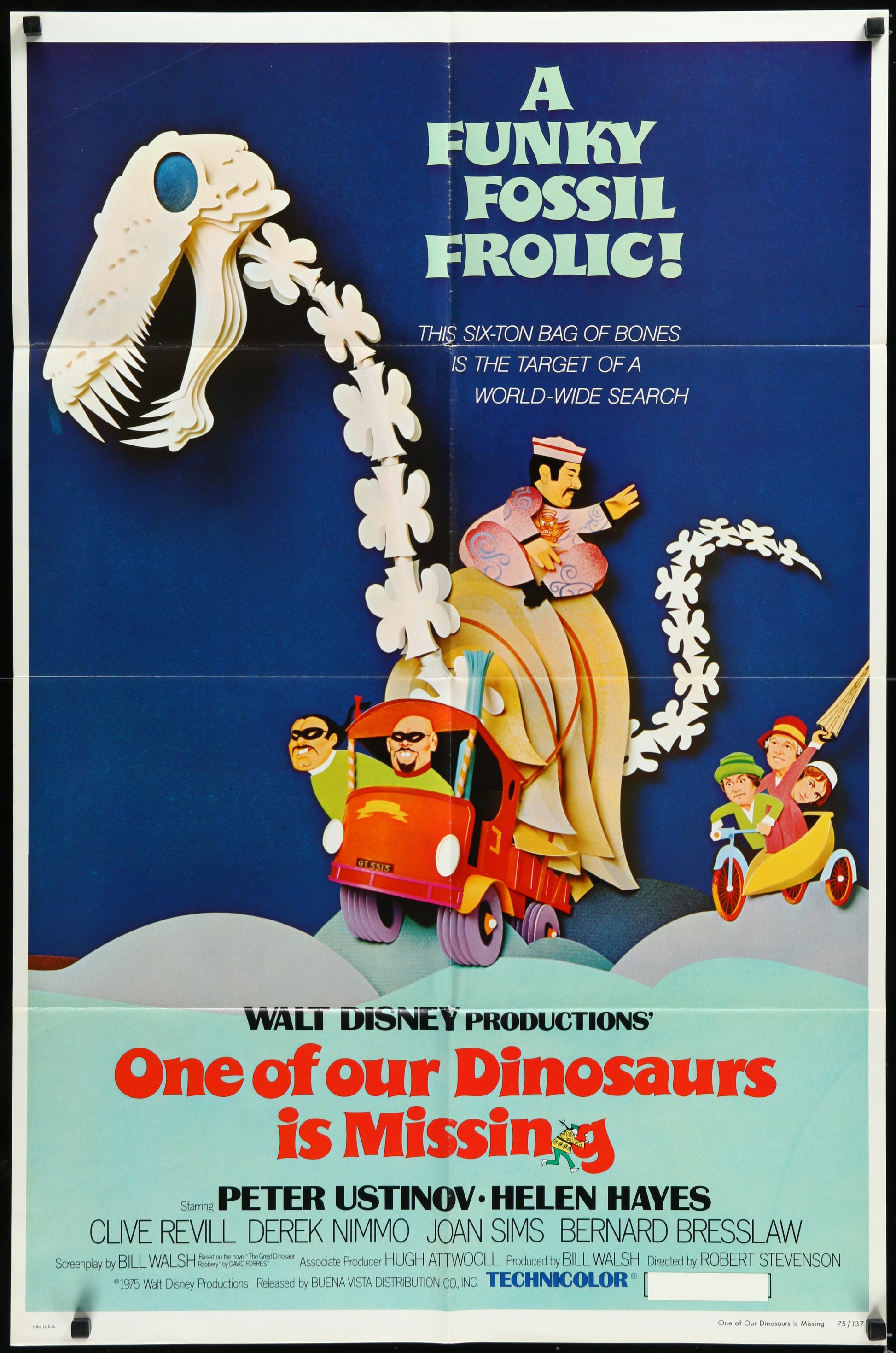Vintage one-sheet movie poster for 'One Of Our Dinosaurs Is Missing' featuring cartoon-style dinosaur characters around a car.