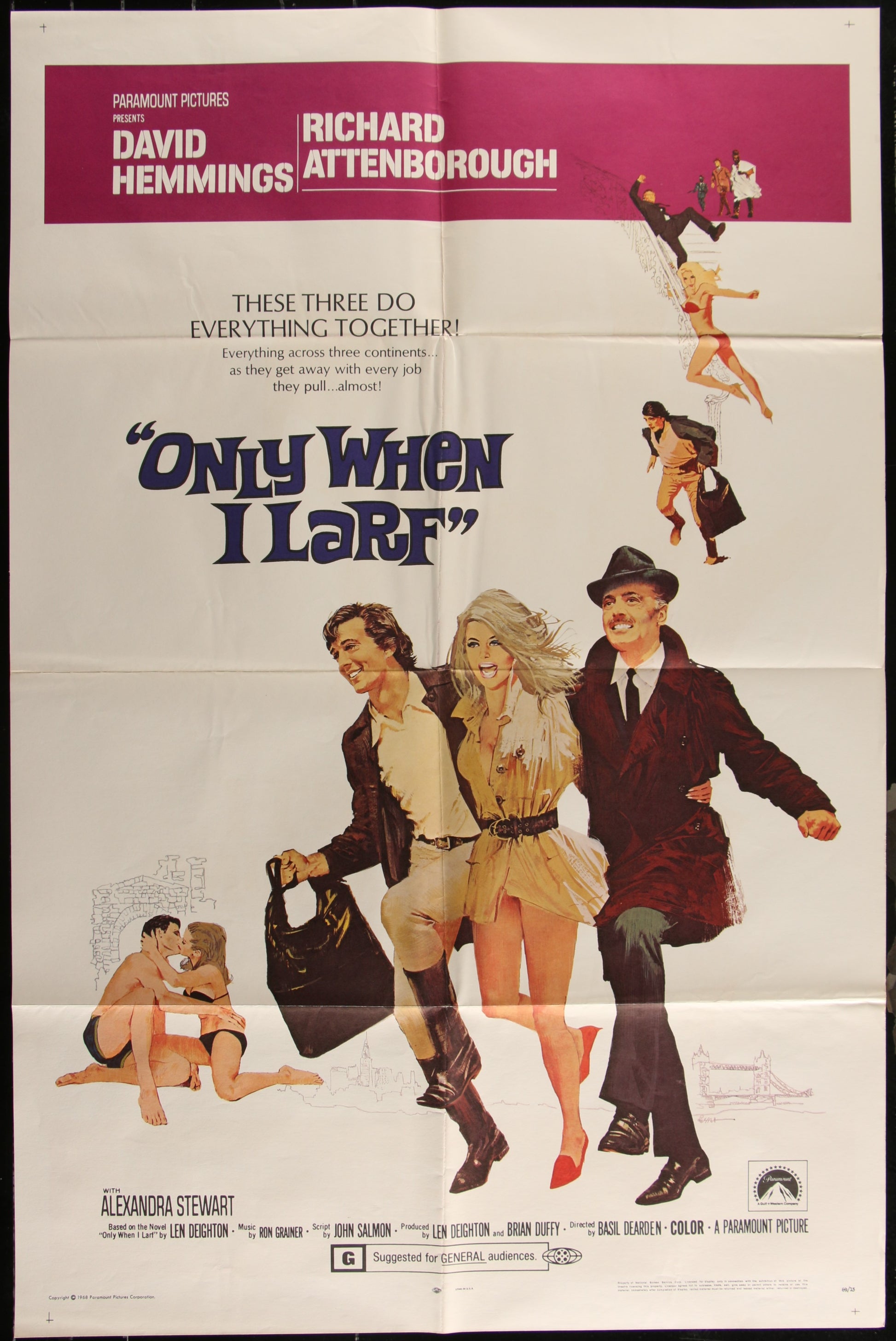 A vintage movie poster for 'Only When I Larf' featuring illustrations of the main characters in various humorous poses, indicative of the film's comedic genre.